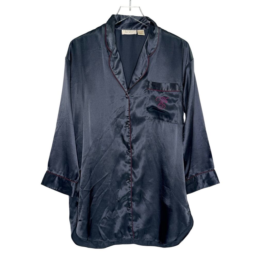 Victoria's Secret Vintage Navy Satin Sleep Shirt S Night Gown 90s Lounge